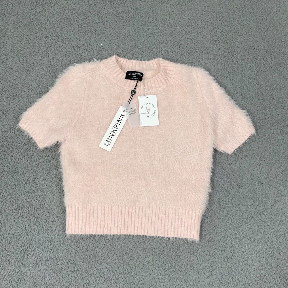NWT Mink Pink Millie Fluffy Knit Tee Women L Blush Pink Short Sleeve Sweater - Picture 3 of 12